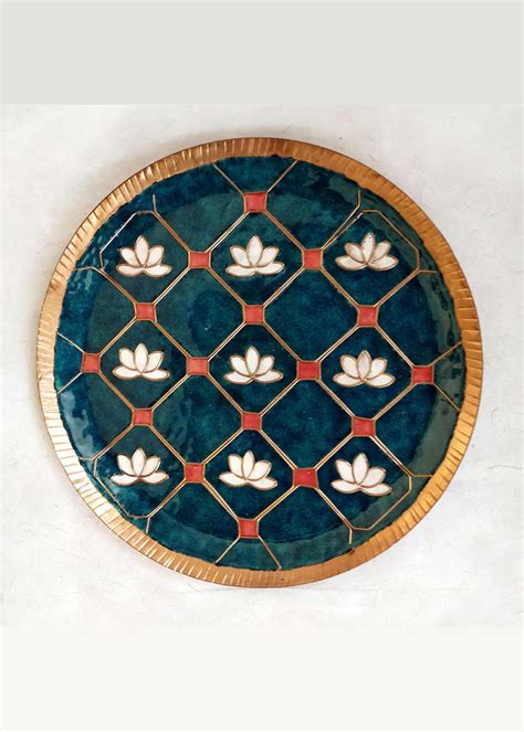 Get Copper Enamel Wall Plate - Green Lotus in a Jali at ₹ 2695 | LBB Shop