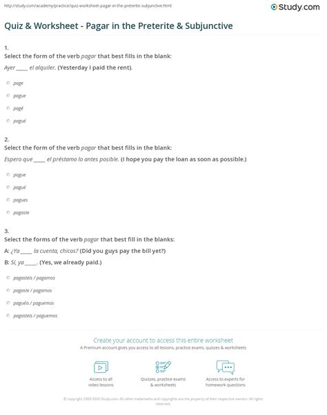 Quiz & Worksheet - Pagar in the Preterite & Subjunctive | Study.com
