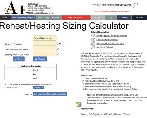 Reheat/Heating Sizing Calculator | Adicot, Inc.