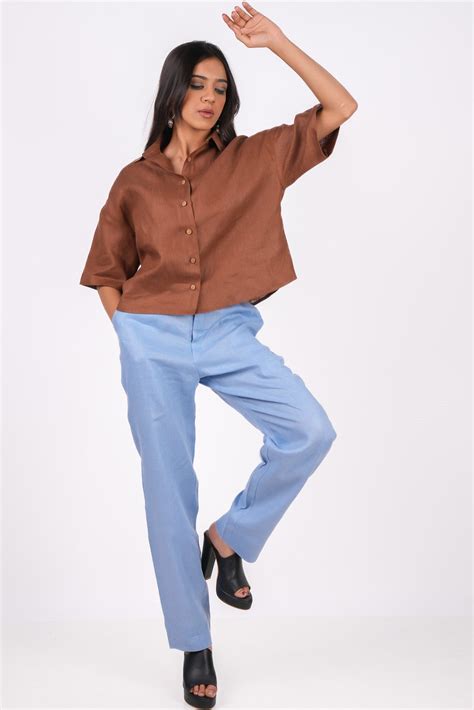 Ocean Blue Linen Pants For Women - LININ