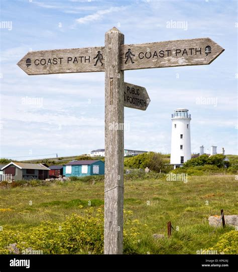 Coast Path waymarker on the South West Coast Path at Portland Bill with ...