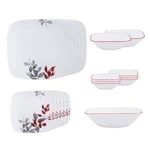 CORELLE Glass 21 Pc Square Round Dinner Set - Kyoto Leave White ...