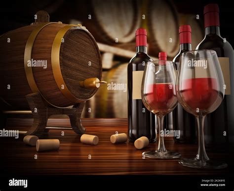 Wine bottle, corks, glasses and barrel. 3D illustration Stock Photo - Alamy