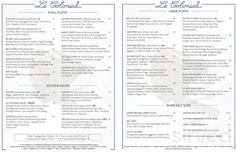 Le Colonial menu in Atlanta, Georgia, USA
