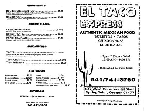 Menu at El Taco Express restaurant, Springfield, 647 W Centennial Blvd