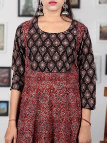 Maroon Black Baby Pink Ajrakh Hand Block Printed Kurta in Natural Colo ...