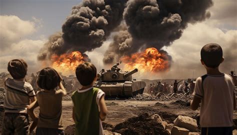 On the left side of the photo a group of innocent children in tattered ...