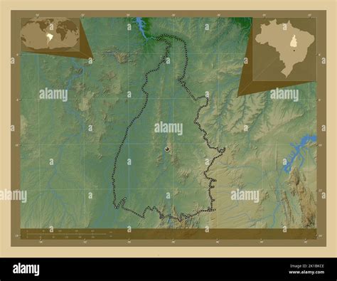 Tocantins, state of Brazil. Colored elevation map with lakes and rivers. Corner auxiliary ...