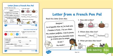 👉 French Penpal Letter Worksheet - Twinkl