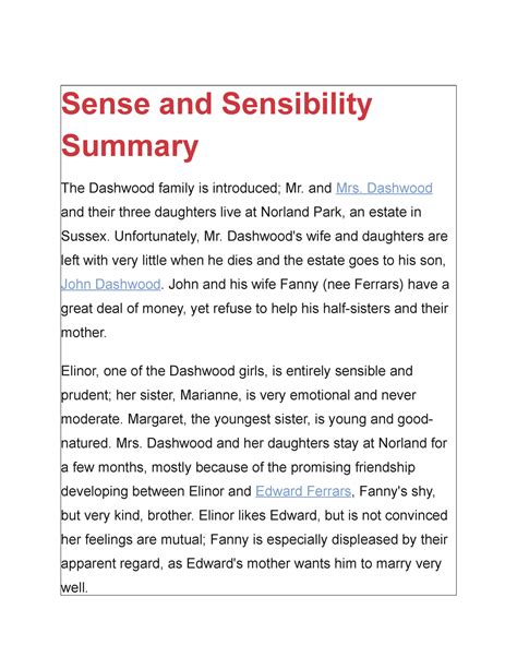 Summary Sense and Sensibility 1 - Sense and Sensibility Summary The ...