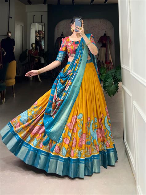 Yellow Anusha Kalamkari Dola Silk Lehenga Set with Zari Weav