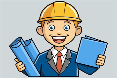 A cartoon of a construction worker holding blue folders and a blue ...