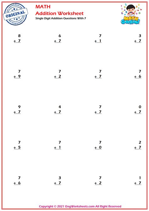 Single Digit Addition Questions With 7 Worksheets and Exercise - PDF ...