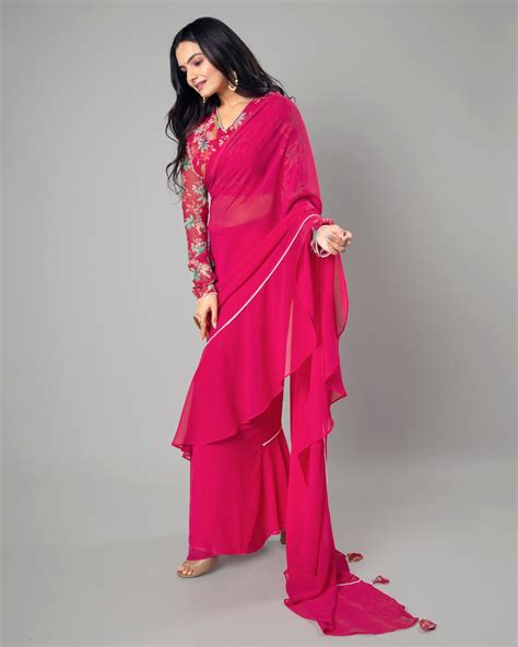 Classic Hot Pink Ruffled Designer Pre-Draped Saree – Fabcurate