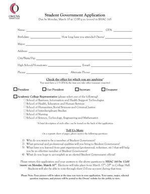 Fillable Online owens Student Government Application - Owens Community ...