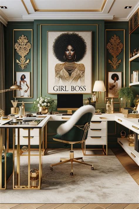 Luxury Workspace: Emerald Green & Gold Home Office with Velvet Upholstered Chair