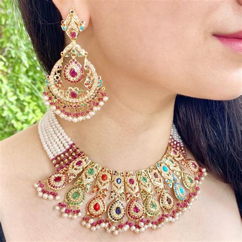 Party-wear Navratana Choker | Chandbali Earrings | 22ct Gold Sets