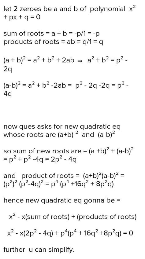 If α and β are the zeroes of the polynomial f(x) = x²+ px + q. Then ...