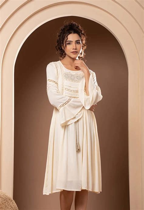 Women Rayon White Embroidered Lace Work Flared Midi Dress – Nyaro