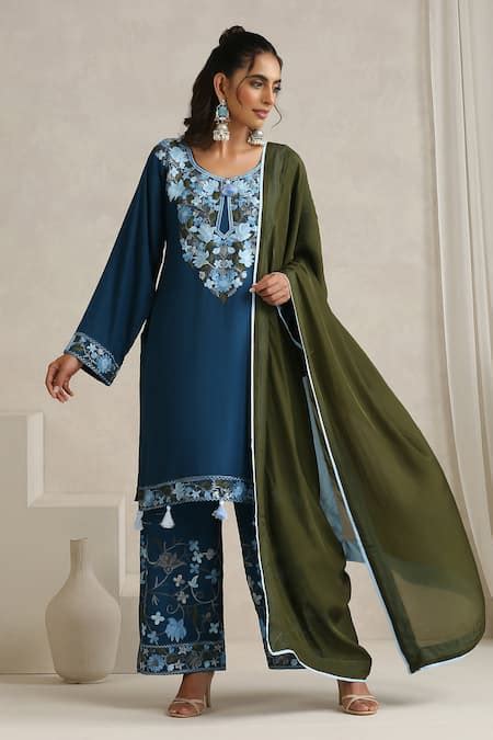 Buy Blue Cotton, Silk Embroidery, Tassels Round Neck Nargis Navy Kurta ...