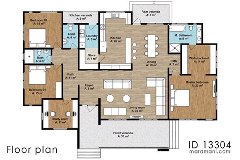 Contemporary 3 bedroom plan with 3 baths - ID 13304 | Bungalow floor ...