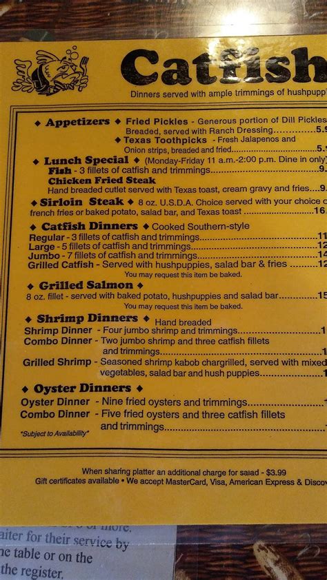 Menu at Catfish O'Harlies restaurant, Decatur