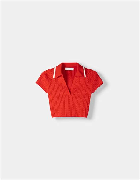 Short sleeve cable-knit polo collar sweater - BSK Teen | Bershka