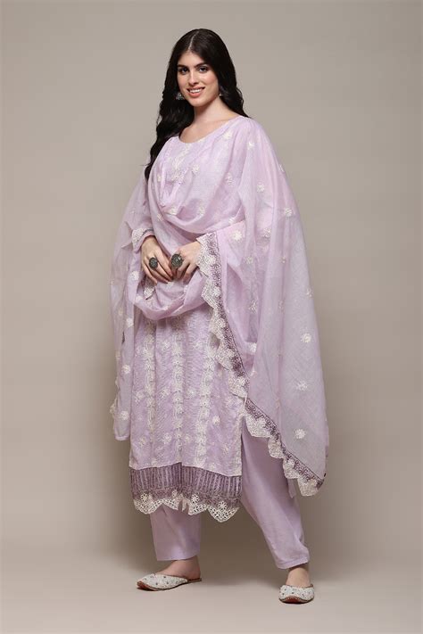 Lavendar Cotton Blend Printed Unstitched Suit Set at Biba India