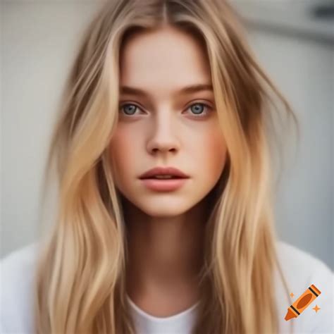 Beautiful blonde woman with long wavy hair wearing a white shirt on Craiyon