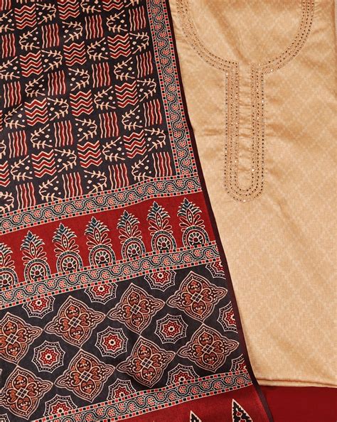 Beige Mirror Work Suit with Ajrakh Dupatta – Lavanya India