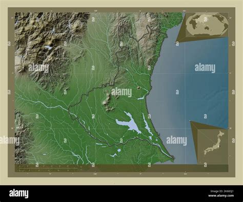 Ibaraki, prefecture of Japan. Elevation map colored in wiki style with lakes and rivers. Corner ...