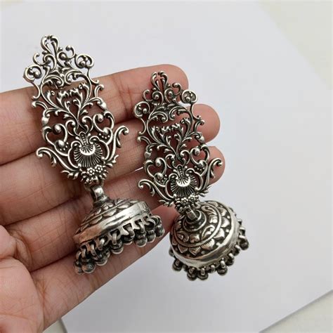 Fine silver Jhumki with filigree stud – Silver Streak Store