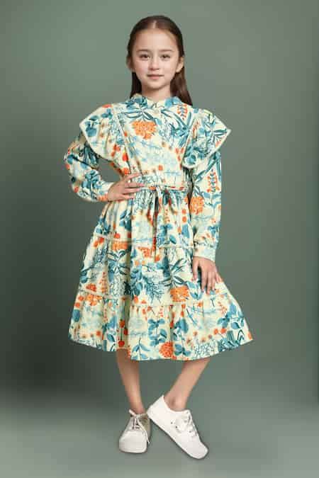 Buy Blue Cotton Floral Print Fit And Flare Dress For Girls by Samyukta ...