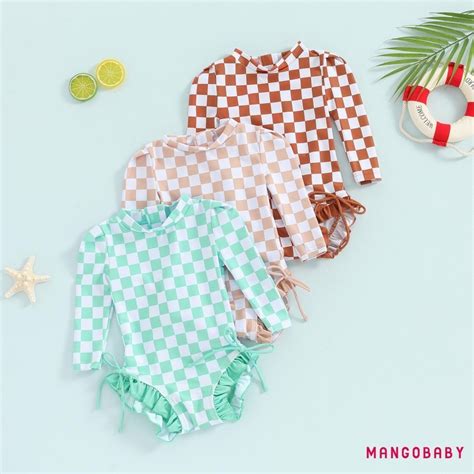 MANGO-Girls Bikini Beach Swimwear Long Sleeve Checkerboard Print Ruffle ...