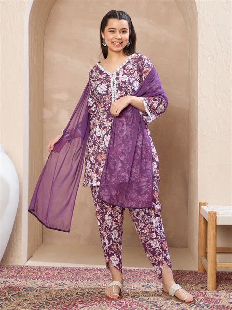 Girls Purple Floral Short Kurta With Dhoti Pants & Dupatta