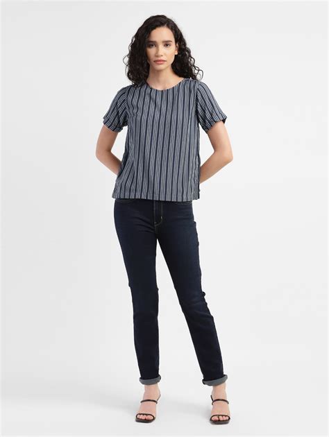Women's Striped Navy Round Neck Tops – Levis India Store