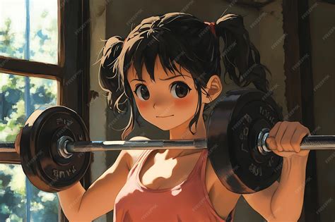 Anime girl lifting weights by a window | Premium AI-generated image
