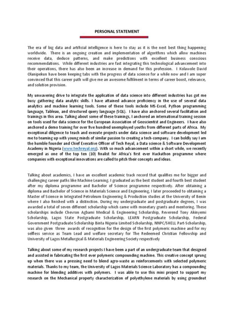 PERSONAL STATEMENT Sample Template | PDF | Data | Postgraduate Education