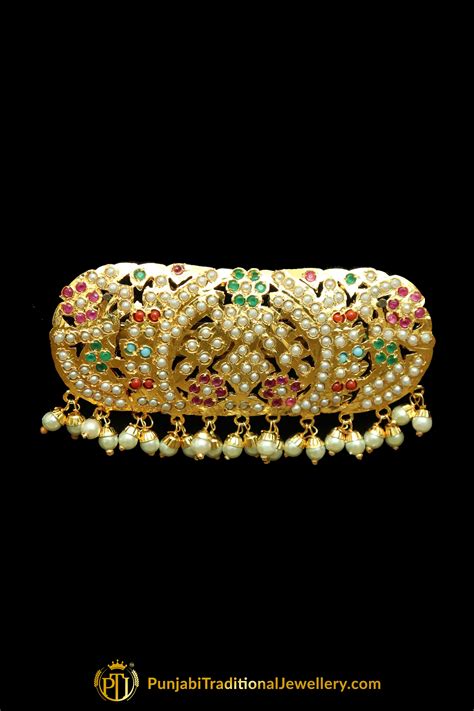 Gold Finished Navratan Pearl Jadau Clip Hair Accessories By Punjabi Tr ...