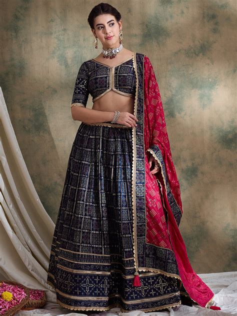 Navy Blue Ajrakh Silk Lehenga Set with Pink Bandhej Dupatta ...