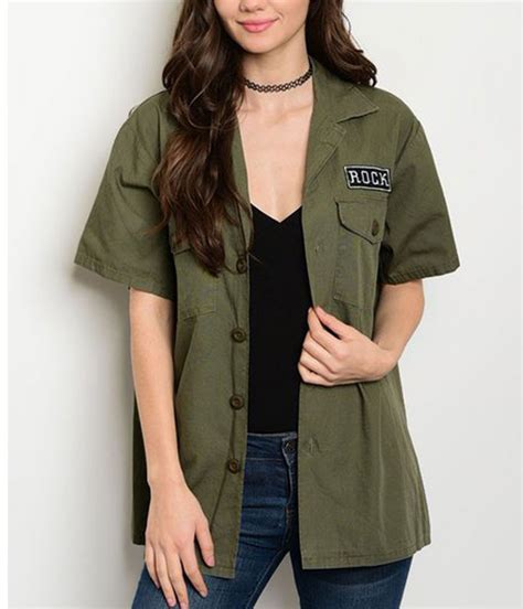 Cotton Women's Rock Army Green Short Sleeve Jacket - Jackets Masters