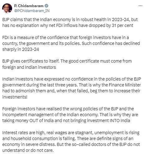 P Chidambaram attacks Centre, says economy in distress but 'so-called ...