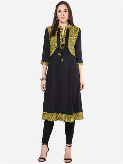 Women's Yellow and Black Jacket style Anarkali Kurti – Stylestone