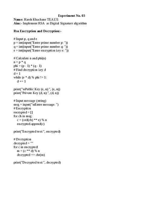 TEA121 Experiment No. 03: Implementing RSA as a Digital Signature ...