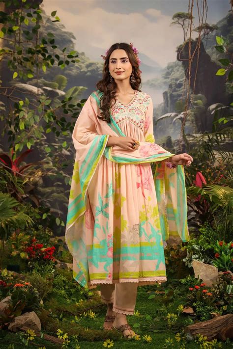 Buy Peach Floral Cotton Embroidered Anarkali Suit Set With Dupatta ...