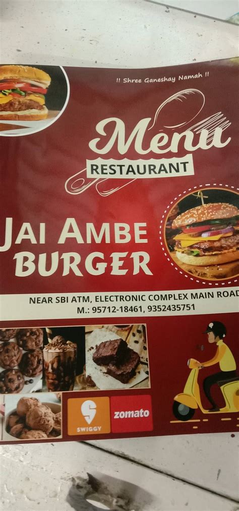 Menu at Jai Ambe burger centre, Kota