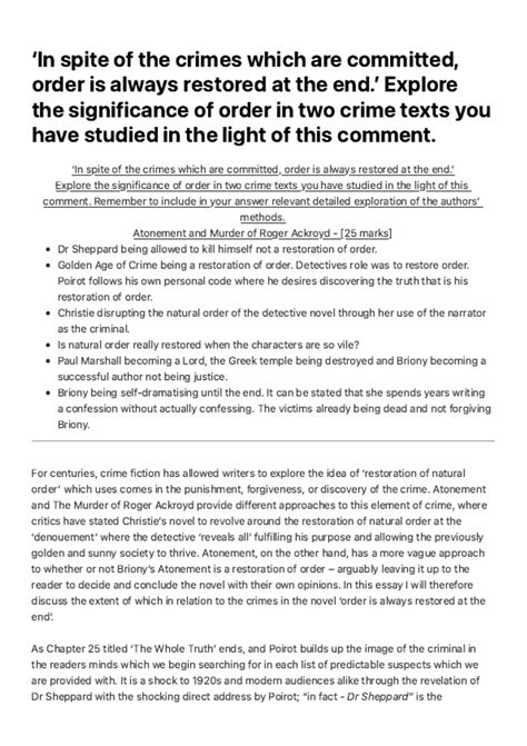 Summary A* ENGLISH LITERATURE CRIME WRITING PART B COMPARISON ESSAY - MURDER OF ROGER ACKROYD ...