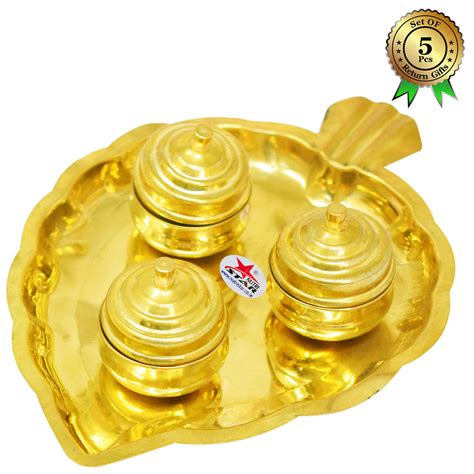 Brass Leaf Design Kumkum Box with 3 Bowls in Gift Box (Set of 5 ...