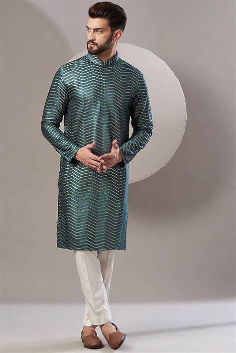 Men's Teal Blue Color Viscos Raw Silk Embroidery Kurta Pajama Set - Tr ...