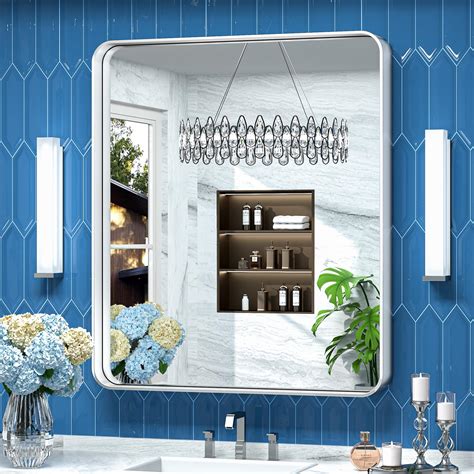 Buy TokeShimi 32x36 Inch Brushed Silver Bathroom Mirror for Wall Metal ...